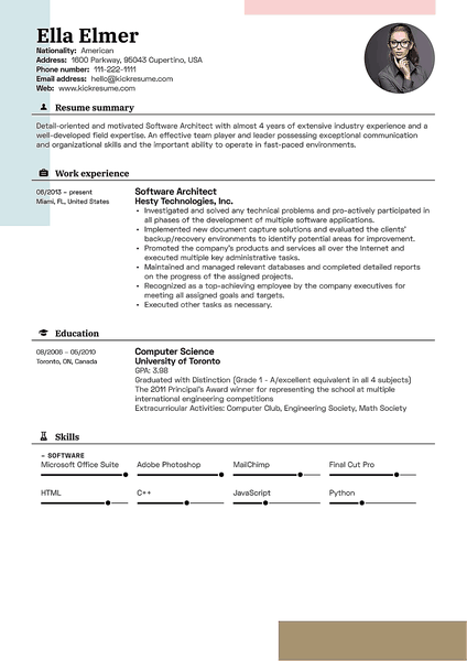 The “Sharp” resume template highlights your application with its neat layout and simple yet standout design elements.
