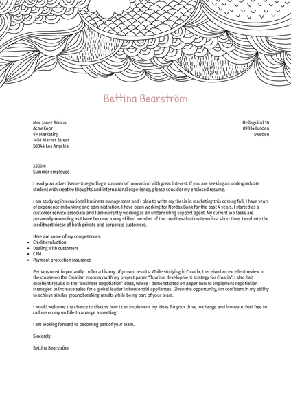 Example of a creative cover letter design with beautiful visuals and professional typography