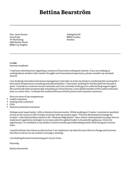 Example of a modern cover letter template designed specifically for job seekers that prefer a more formal, conservative look