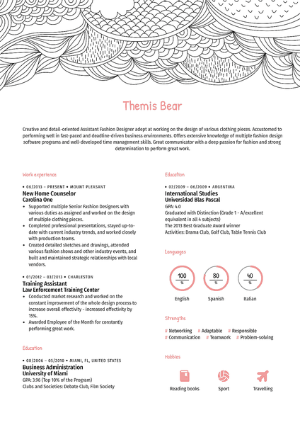 Preview of a creative resume template that comes free for all students thanks to the best CV maker Kickresume