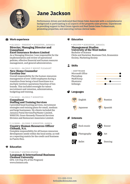 Preview of an attractive resume template you can download in minutes from Kickresume CV creator