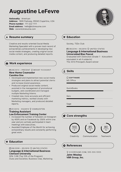 The “Soft” resume template offers a minimalistic approach with a clear, two-column layout and subtle background.