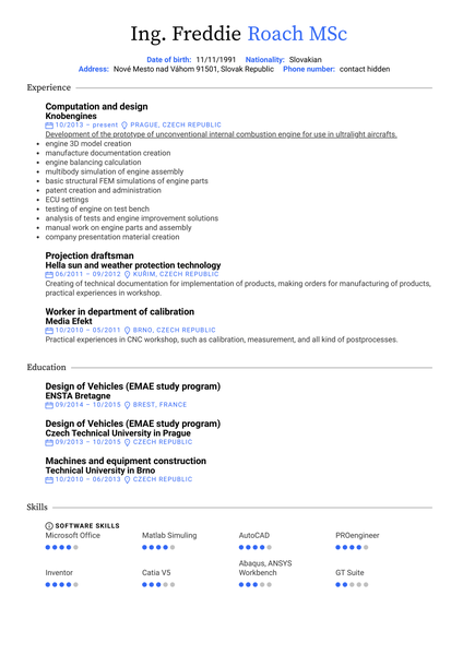Aeromobil Design Engineer Resume Example