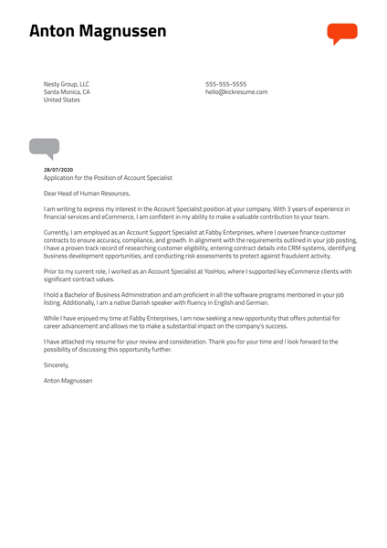 Account Specialist Cover Letter Example