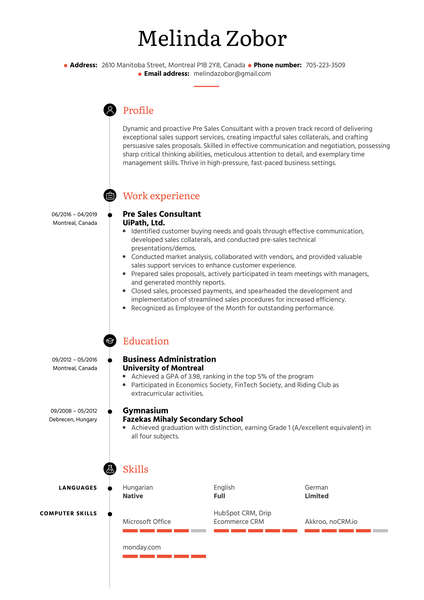 Pre Sales Consultant Resume Sample
