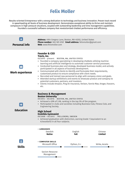 Entrepreneur Resume Sample