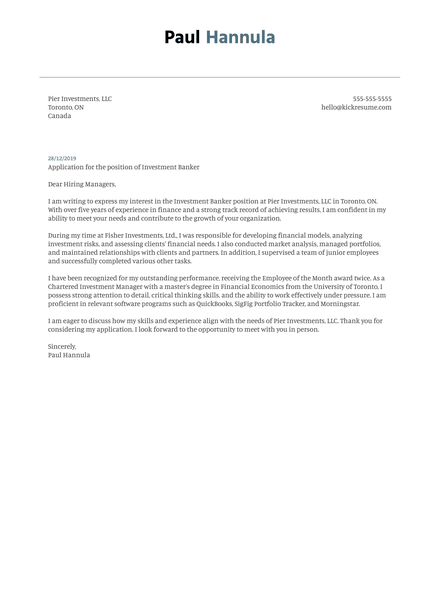 Investment Banker Cover Letter Sample