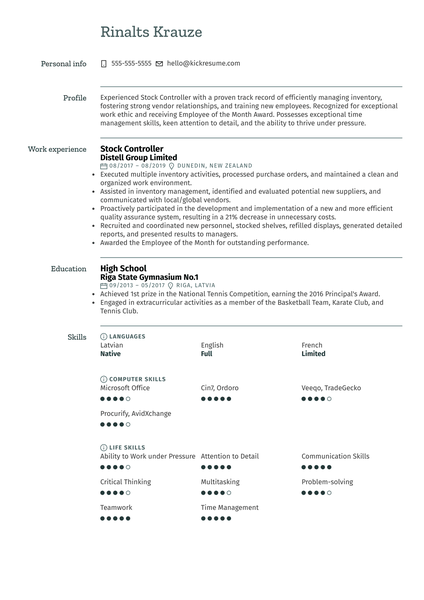 Stock Controller Resume Template