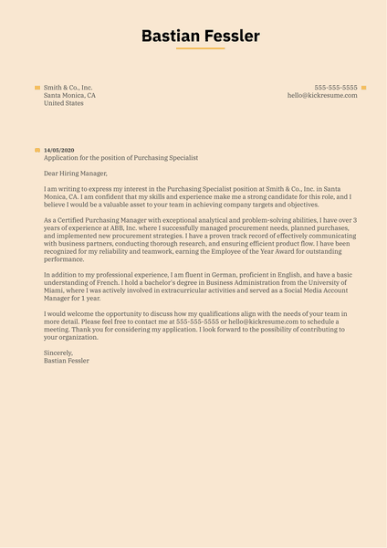 Purchasing Specialist Cover Letter Sample