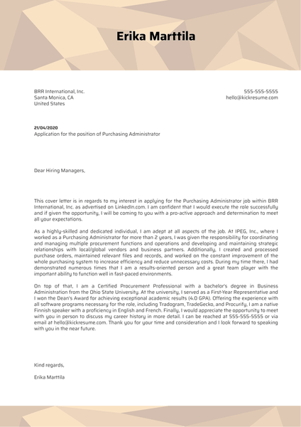 Purchasing Administrator Cover Letter Example