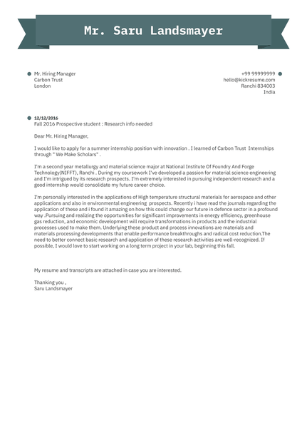 Research Intern Cover Letter Example