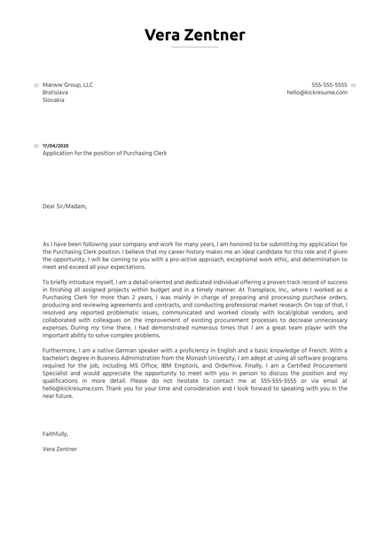 Purchasing Clerk Cover Letter Sample