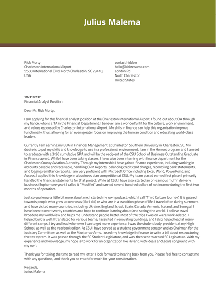 Finance Intern Cover Letter Example