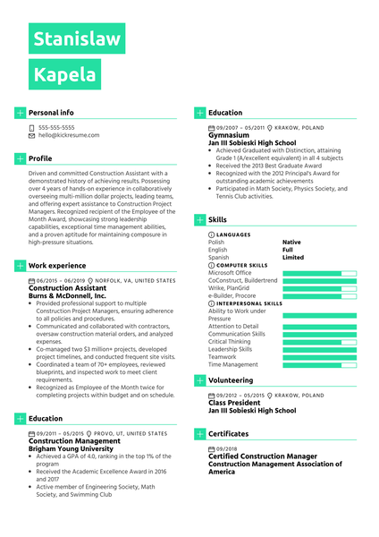 Construction Assistant Resume Sample