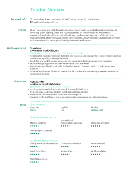 Stagehand Resume Sample