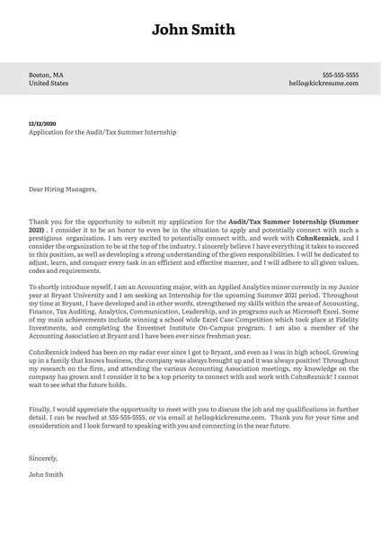 Audit/Tax Summer Internship at CohnReznick Cover Letter Sample