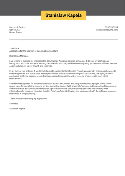 Construction Assistant Cover Letter Sample
