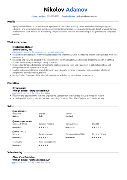 Electrician Helper Resume Sample