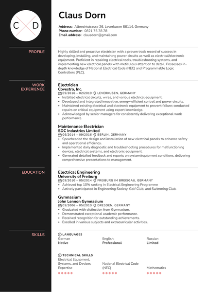 Electrician Resume Example