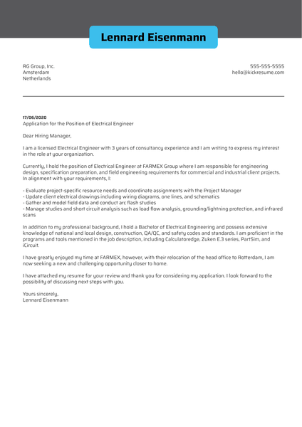 Electrical Engineer Cover Letter Example