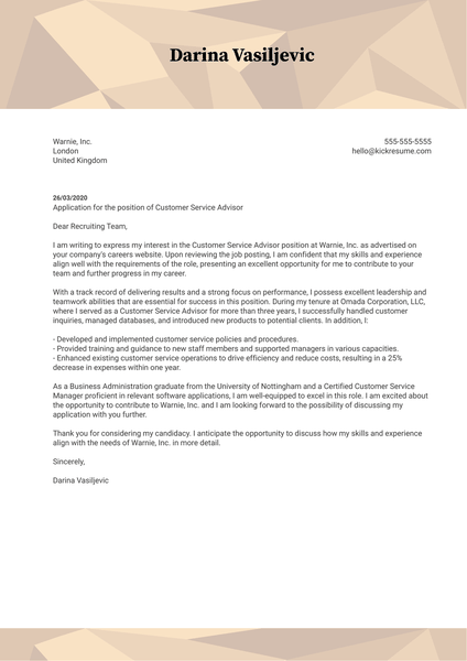 Customer Service Advisor Cover Letter Sample