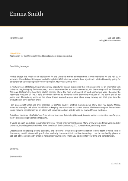 Intern at NBC Cover Letter Sample
