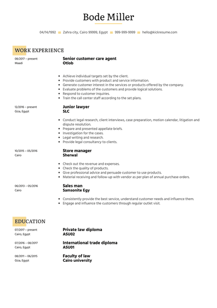 Otlob Customer Care Agent Resume Example