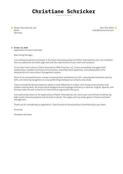 Client Associate Cover Letter Example