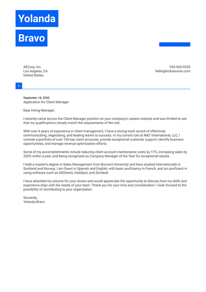 Client Manager Cover Letter Example