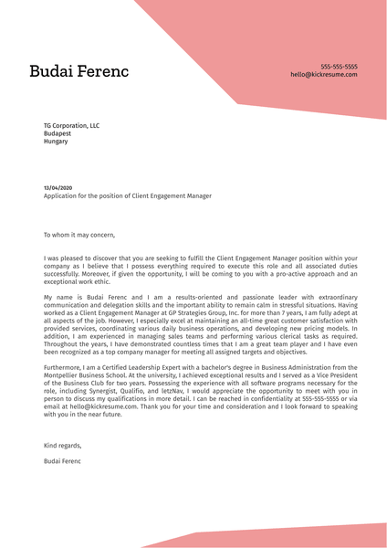 Client Engagement Manager Cover Letter Example