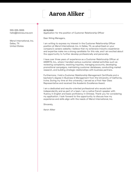 Customer Relationship Officer Cover Letter Sample