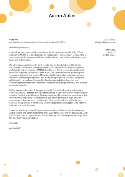 Customer Relationship Officer Cover Letter Example