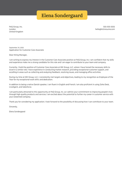 Customer Care Associate Cover Letter Example