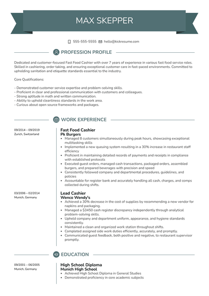 Fast Food Cashier Resume Example