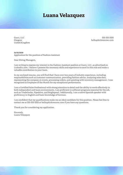 Fashion Assistant Cover Letter Example