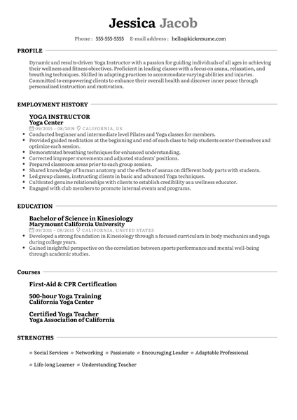 Yoga Instructor Resume Example