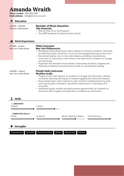 Violin Instructor Resume Sample