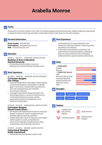 Curriculum Designer Resume Sample