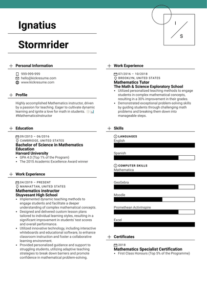Mathematics Instructor Resume Sample