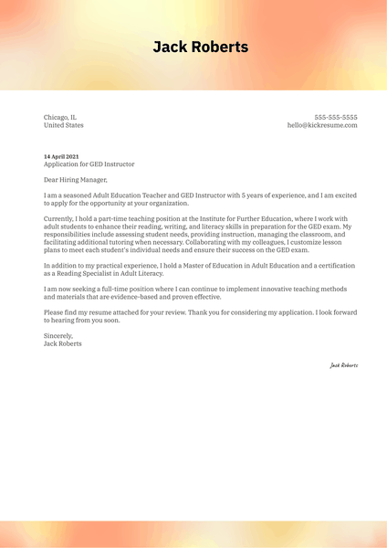 GED Instructor Cover Letter Example