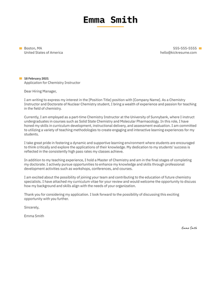 Chemistry Instructor Cover Letter Template