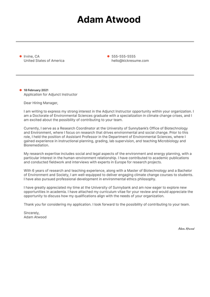 Adjunct Instructor Cover Letter Template