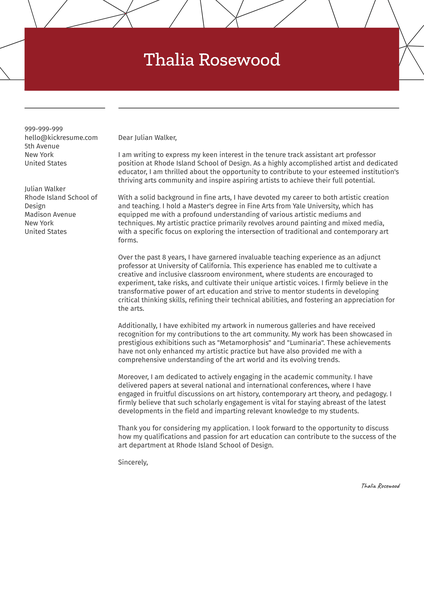 Tenure Track Assistant Art Professor Cover Letter Sample