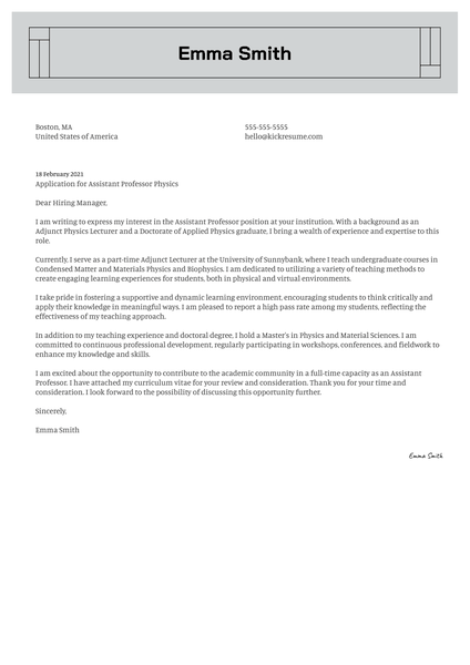 Assistant Professor Physics Cover Letter Example
