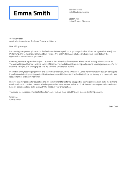Assistant Professor Theatre and Dance Cover Letter Sample