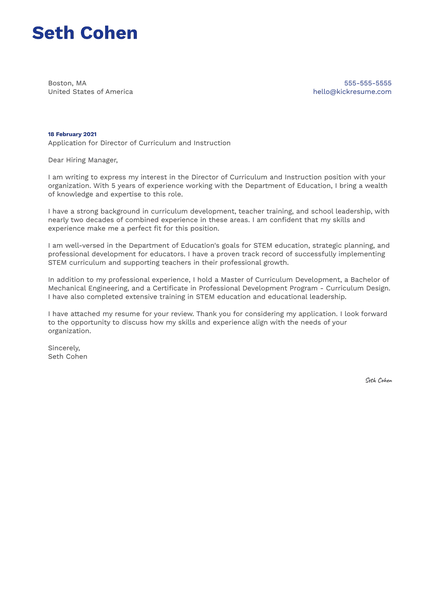 Director of Curriculum and Instruction Cover Letter Template
