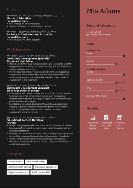 Curriculum Development Specialist Resume Sample