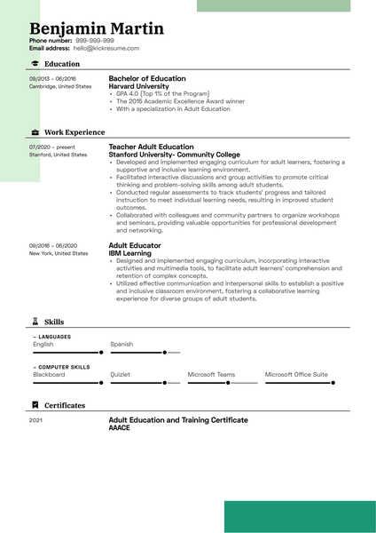 Teacher Adult Education Resume Sample