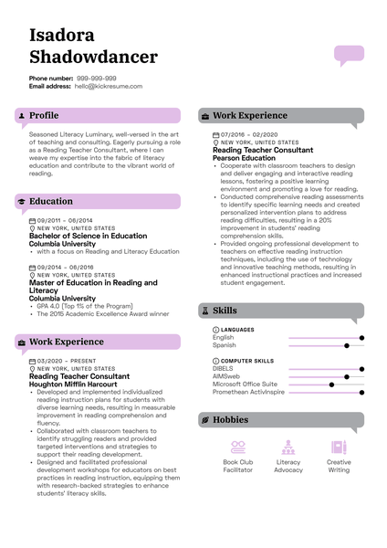 Reading Teacher Consultant Resume Sample