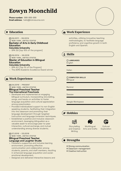 Bilingual Preschool Teacher Resume Sample